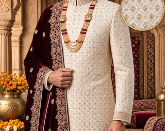 Handmade Masoori Groom Sherwani with Velvet Shawl: Pakistani Wedding Outfit