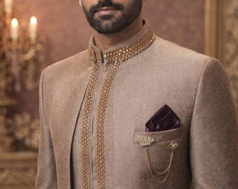 Pakistani Prince Coat for Men – Beige Embroidered Wedding Sherwani Style | Custom Mens Prince Coat | Indian Groom Formal Jodhpuri Coat