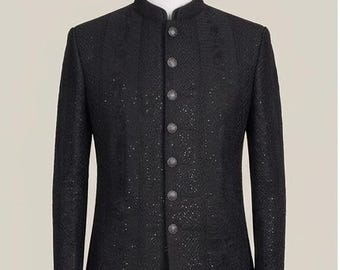 Sherwani negro azabache bordado para hombre, traje de novio para boda india con lentejuelas, conjunto de kurta shalwar pakistaní para hombre/abrigo de príncipe Jodhpuri personalizado