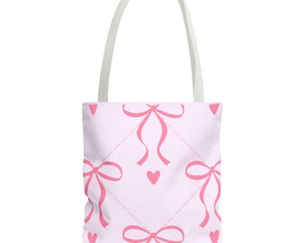 Bolso tote con estampado de lazos de cinta rosa / Corazones, diseño de San Valentín en tonos pastel
