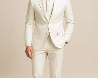 Ivory White Wedding Suit: Slim Fit Peak Lapel Tuxedo