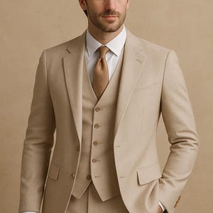 Elegant Beige Three-Piece Men&#39;s Suit | Soft-Tone Groom Suit | Classic Wedding & Formal Wear