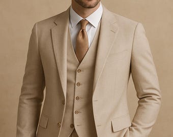 Elegant Beige Three-Piece Men's Suit | Soft-Tone Groom Suit | Classic Wedding & Formal Wear