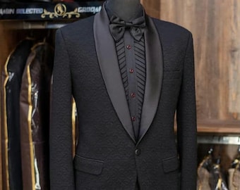 Black Textured Tuxedo Suit with Satin Lapel: Groom Wedding Outfit