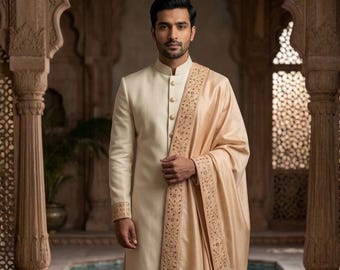 Chal de novio real para hombre para sherwani, chal de boda bordado en crema y beige, chal de traje de príncipe de terciopelo de lujo, dupatta de novio pakistaní e indio