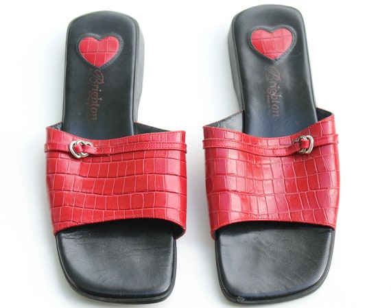 red slip on sandals