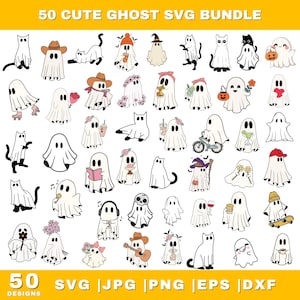 Peut inclure: Un ensemble de 50 motifs de fantômes mignons en formats SVG, JPG, PNG, EPS et DXF. Les fantômes blancs ont des yeux noirs et divers accessoires. Le texte "50 CUTE GHOST SVG BUNDLE" est en haut de l'image.