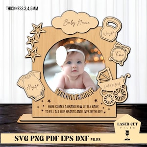 Baby geboorte fotolijstje SVG, baby fotolijstje lasergesneden bestanden, kind Metrica, babyaankondiging SVG nieuwe baby cadeau Lasercut digitale download
