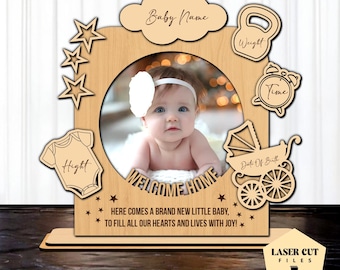 Baby Birth Photo Frame SVG, Baby Picture Frame Laser Cut Files, Child Metrica, Baby announcement SVG New baby gift Lasercut Digital download