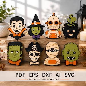May include: A set of eight colourful wooden character cutouts featuring a vampire, witch, robot, cauldron, Frankenstein monster, pirate skull, mummy, and swamp creature. The text PDF EPS DXF AI SVG INSTANT DIGITAL DOWNLOAD is printed at the bottom.