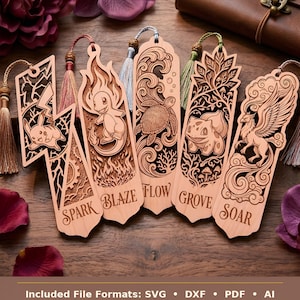 May include: Five laser-cut wooden bookmarks featuring intricate engravings of creatures and nature motifs. Each bookmark includes a tassel and the text Spark, Blaze, Flow, Grove, or Soar. The image includes text: Included File Formats: SVG • DXF • PDF • AI.