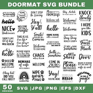 以下が含まれることがあります： 50種類のドアマットデザインセット。さまざまな歓迎メッセージが書かれており、「ジャングルへようこそ」、「ここはカオス」、「足跡を拭いてください」、「逮捕状を持って戻ってきてください」などがあります。デザインは白黒で、カスタムドアマットの作成に最適です。