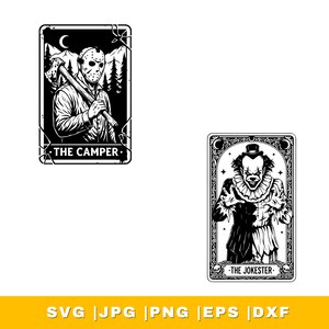 May include: Black and white illustrations of horror-themed characters. One features a masked figure with an axe, labeled "THE CAMPER." The other depicts a clown, labeled "THE JOKESTER." The bottom banner reads "SVG | JPG | PNG | EPS | DXF."