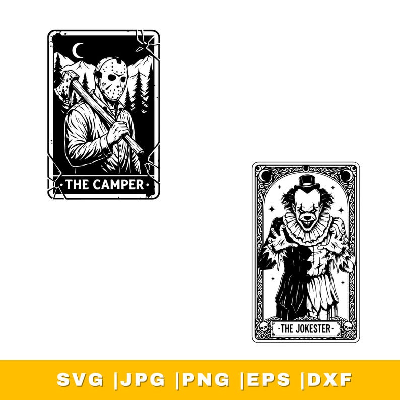 May include: Black and white illustrations of horror-themed characters. One features a masked figure with an axe, labeled "THE CAMPER." The other depicts a clown, labeled "THE JOKESTER." The bottom banner reads "SVG | JPG | PNG | EPS | DXF."