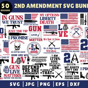 Pode incluir: Uma coleção de 50 designs digitais com a 2ª Emenda, armas de fogo e imagens da bandeira americana. Os designs incluem frases como "In Guns We Trust", "Just the Tip", "Gun Lives Matter", e "My Rights Don't End Where Your Feelings Begin".