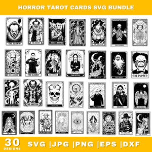May include: A collection of 30 black and white horror-themed tarot card designs. Each card features a unique illustration, including characters like a clown, slasher, and zombie. The text "HORROR TAROT CARDS SVG BUNDLE" is at the top, with file type options at the bottom.