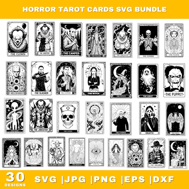 May include: A collection of 30 black and white horror-themed tarot card designs. Each card features a unique illustration, including characters like a clown, slasher, and zombie. The text "HORROR TAROT CARDS SVG BUNDLE" is at the top, with file type options at the bottom.