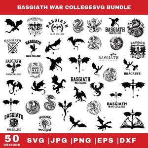 May include: A digital art bundle featuring 50 black dragon designs, including dragons with wings, crests, and the text "BASGIATH WAR COLLEGE". Formats include SVG, JPG, PNG, EPS, and DXF.