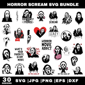 May include: A bundle of 30 Scream-themed SVG designs. The designs feature the Scream mask with various props and text, including "SCREAM", "HORROR MOVIE ADDICT", and phrases like "JUST THE TIP + I PROMISE". Formats: SVG, JPG, PNG, EPS, and DXF.
