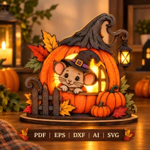 Peut inclure: Une décoration d'Halloween en bois superposé représentant une souris portant un chapeau de sorcière dans une citrouille sculptée. La scène inclut une petite lanterne suspendue, des feuilles d'automne et une clôture. Le texte PDF | EPS | DXF | AI | SVG est inscrit sur la base.