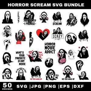 Puede incluir: Un conjunto de 50 diseños SVG de terror con la máscara de Scream. Los diseños incluyen texto como "SCREAM", "HORROR MOVIE ADDICT" y "CALL ME". Disponibles en formatos SVG, JPG, PNG, EPS y DXF. Colección espeluznante.