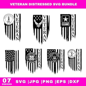 May include: A collection of seven black and white distressed SVG designs with a patriotic theme. Each design features a stylized American flag with military emblems and the word "VETERAN". The designs include text that reads "VETERAN DISTRESSED SVG BUNDLE".