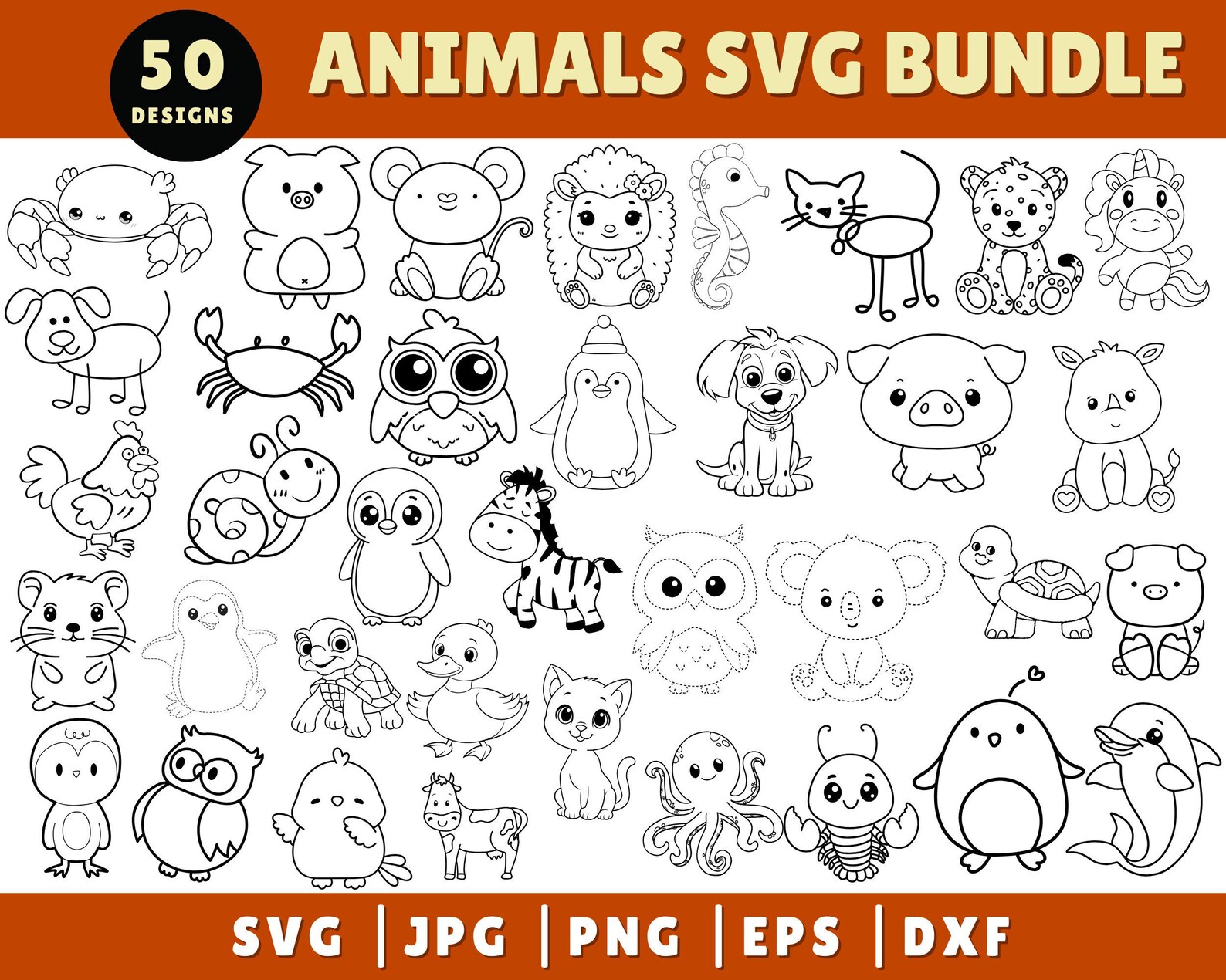 Animal SVG Bundle, Cute Baby Animal SVG, Doodle Animal for Cricut, Dog ...