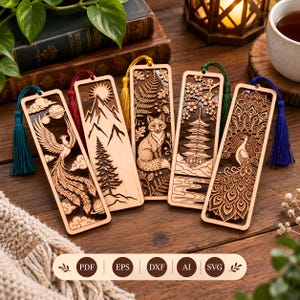 May include: Five rectangular wooden bookmarks featuring intricate laser-cut designs of a phoenix, mountain landscape, fox, pagoda, and peacock. Each bookmark includes a colorful silk tassel in teal, red, yellow, green, or blue, and the text PDF, EPS, DXF, AI, SVG.
