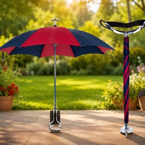 Pode incluir: Um guarda-chuva versátil com uma cobertura de painéis alternados em vermelho e azul-marinho. O guarda-chuva é exibido em posição aberta com um cabo metálico e em posição fechada com um cabo ergonómico curvo e uma capa de tecido às riscas.