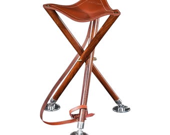 Handcrafted Rosewood & Leather Tripod Stool  Folding Portable Seat for Hunting and Camping