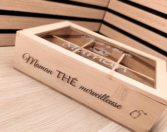 Boîte à thé personnalisée en bois – Coffret à thé gravé avec couvercle personnalisé