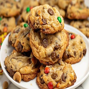 Op de afbeelding: Een stapel chocoladekoekjes met kleurrijke snoepjes op een wit bord. De koekjes zijn zacht en taai, met een goudbruine kleur.