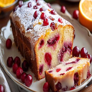 Puede incluir: Un pan de naranja y arándanos con un glaseado blanco y azúcar en polvo por encima. El pan está cortado en rebanadas y se encuentra en un plato blanco con arándanos esparcidos a su alrededor.