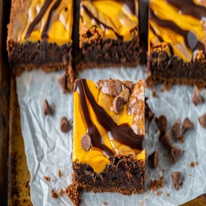 Może przedstawiać: Zbliżenie na brownie z wirami dyni na blasze do pieczenia. Brownie mają ciemną czekoladową podstawę, jasny żółty wir i polewę z ciemnej czekolady. Wiórki czekoladowe są rozrzucone wokół brownie.