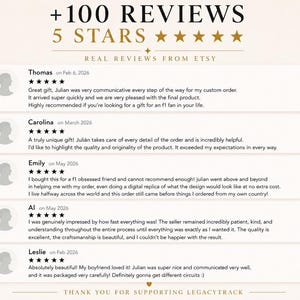 May include: A graphic display featuring the text +100 REVIEWS 5 STARS and REAL REVIEWS FROM ETSY. It lists five customer testimonials from Thomas, Carolina, Emily, Al, and Leslie, each accompanied by a five-star rating and a generic user profile icon.