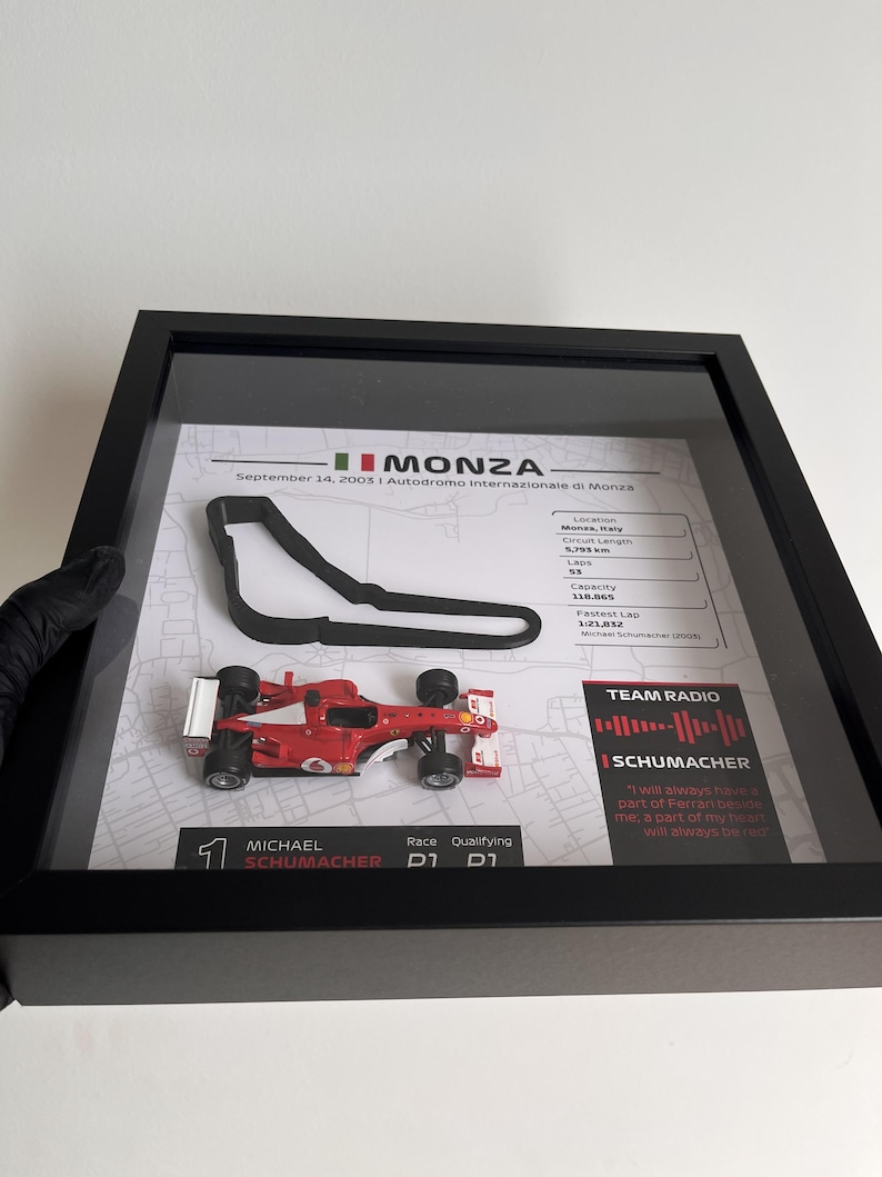 May include: A framed display featuring a red miniature Formula 1 race car, a black 3D track outline of Monza, and a printed map background. The display includes text details about the 2003 Italian Grand Prix, Michael Schumacher, and a Team Radio quote.