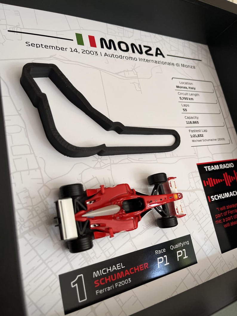 May include: A framed display featuring a black 3D-printed outline of the Monza race track, a red Ferrari F2003 model car, and text detailing the September 14, 2003 race, including Michael Schumacher's P1 qualifying and race results.