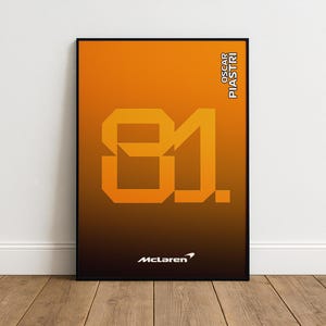 May include: Framed poster with an orange and brown gradient background. The poster features the number "81" in orange block letters, the name "Oscar Piastri" in white, and the McLaren logo. The poster is displayed on a wooden floor.