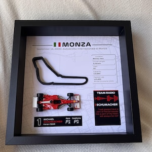 May include: A framed display featuring a miniature red Ferrari F2003 race car, a black outline of the Monza circuit, and text detailing the September 14, 2003 race. Includes a Team Radio graphic, circuit statistics, and Michael Schumacher's name.