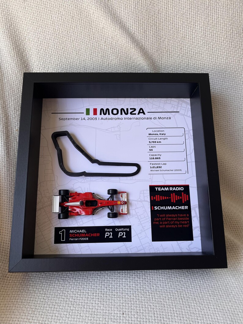 May include: A framed display featuring a miniature red Ferrari F2003 race car, a black outline of the Monza circuit, and text detailing the September 14, 2003 race. Includes a Team Radio graphic, circuit statistics, and Michael Schumacher's name.