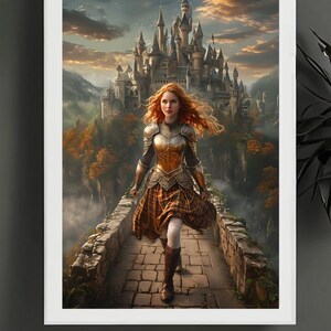 Fantasy Princess Warrior Wall Art, Enchanted Castle Landscape Print, Medieval Fairytale Decor, Brave Woman in Armor, Magical Kingdom Poster