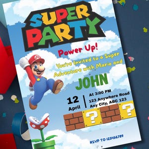 Bearbeitbare Canva-Geburtstagseinladung mit Mario-Bros-Motiv, druckbar oder digitaler Download