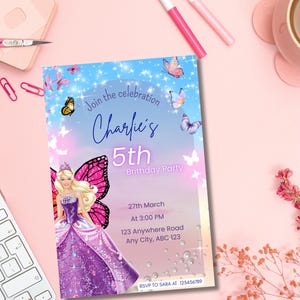 Invito di compleanno modificabile su Canva con tema Barbie Butterfly, stampabile o scaricabile digitalmente