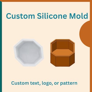 Puede incluir: Anuncio de moldes de silicona personalizados. El texto dice "Custom Silicone Mold" y "Custom text, logo, or pattern". Se muestran dos moldes octogonales, uno blanco y otro marrón. El texto inferior dice "Molds & Casted Products Can Be Sold."