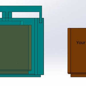 以下が含まれることがあります： ハンドル付きのターコイズ色の長方形構造と、「Your Logo here」というテキストが入った茶色の箱。 デザインは、おそらくパッケージングまたは同様の製品の3Dレンダリングまたは技術図面のようです。
