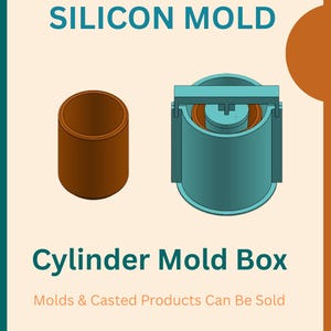 Op de afbeelding: Een advertentie voor cilindervormdozen. De afbeelding toont een bruine cilinder en een blauw-oranje vormdoos. Tekst luidt "MAKE YOUR OWN SILICON MOLD" en "Cylinder Mold Box". Het logo van PrintYourCreation staat onderaan.