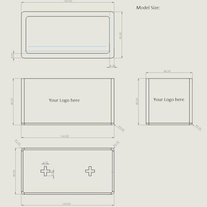 May include: Technical drawing of a rectangular box with rounded corners, featuring dimensions in millimeters. The design includes top, side, and front views, with the text "Your Logo here" and cross-shaped cutouts. The model size is indicated.