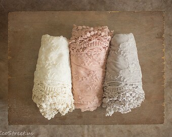 Three Wrap Set, Natural Cream Wrap, Mauve Wrap, Gray Baby Lace Wrap, Baby Girl Wrap Prop, newborn Props, RTS, Cotton Wrap, Baby Props