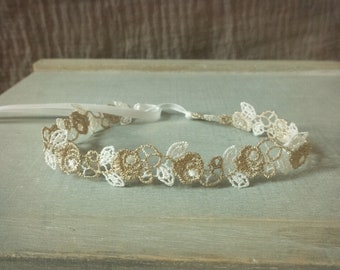 Baby Lace Flower Headband, Baby Off White/Ivory and Gold Lace Headband, Baby Girl Photo Prop, Newborn, RTS, Baptism, Christening Headband