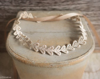 Baby Headband, Gold Leaf Lace Baby Crown, Newborn Tieback Girl Photo Prop, RTS, Baptism